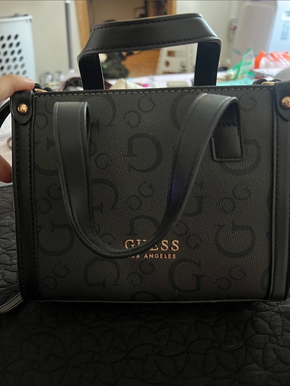 GUESS Black Logo Mini Satchel with Gold Accents